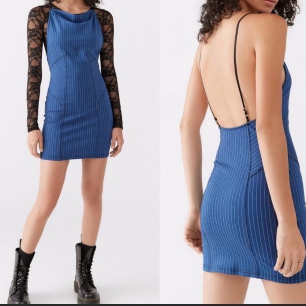 Urban Outfitters High Neck Mini Dress Blue Stripe Size Medium Stretch